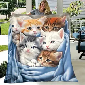 Warm kitten pattern design, luxurious flannel throw blanket, Cozy Chic Blanket, 280gsm fabric, suitable for home, bedroom, sofa, travel, home, high-end gift, ideal gift!