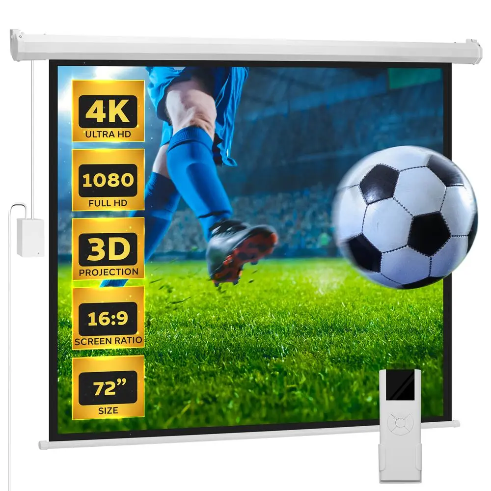 72" Automatic Motorized Projector Screen, Matte White Aluminium Build, 120V, 52.8’’ X 59.1’’'' Display, Cable & Wireless Controller, Remote/Box Included, Quick Setup