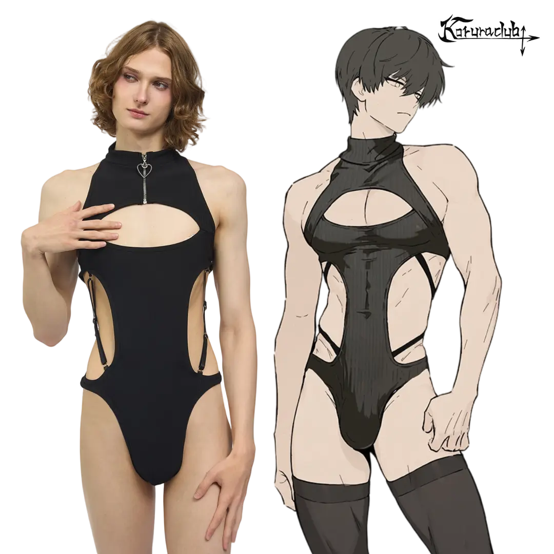 KORURACLUB Men’s Hollow-Out Bodysuit 2-Piece Set, High-Neck Zip-Up Cutout Cosplay Clubwear Outfit
