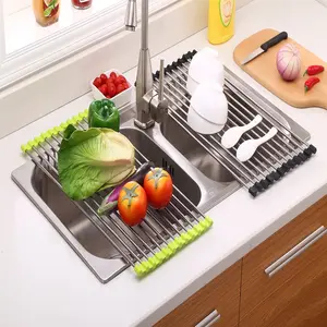 Roll-Up Sink Drying Rack Foldable Stainless Steel Drainer Space-Saving Kitchen Organizer for Dishes Vegetables Easy Clean Must Have