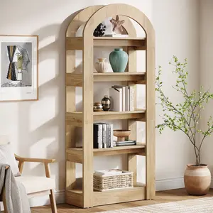 Tribe 5-Tier Bookshelf, Arch-Shaped Racks, Tall Standing Wooden Bookcase Display Shelf Modern Storage Solution Furniture Organizer