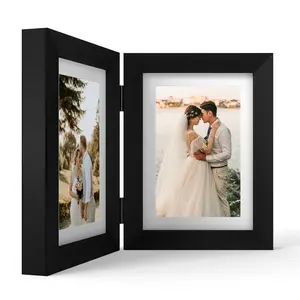 Rustic Wooden Folding Photo Frame with Acrylic Front Panel, Dual Hinge Design, Available in five Color, 4x6 5x7 Sizes，cute double picture frame for best friend,4x6  double Picture Frame with Plexiglass for Tabletop Display Decor, High Quality Frame