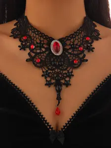 Women's Halloween Gothic Lace Diamond Crystal Pendant Drop Necklace, Sexy Fashion Ball Party Costume Accessory