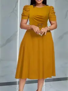 Summer Camel Bubble Sleeve Midi Dress, Slim-Fitting A-Line with Waist Belt, Chic Elegant Office Wear, Perfect for Church Weddings