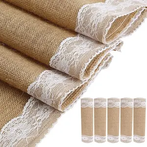 Set of 5 Burlap Hessian Jute Table Runner with White Lace Table Decoration Wedding Party Decoration Baby Shower Farmhouse Decor 12X108 Inch