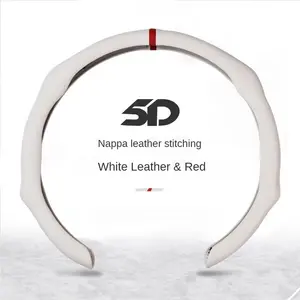 5D Nappa  Steering Wheel Cover, Universal Fit, Perforated Breathable Non-Slip Design, White with Red Stitching, All-Season Car Interior Accessories alignment mark special gift enhanced driving comfort leather modern