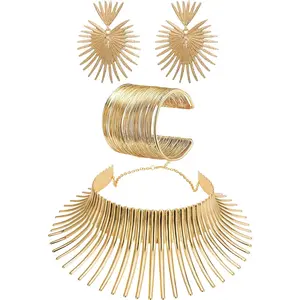 bluelans Female African Tribal Jewelry Set - Gold Alloy Collar Choker Necklace, Tooth-Shaped Statement Earrings, Adjustable Bangle, High-Quality Lightweight Design, Extension Chain, Versatile for Daily/Event Outfits,summervibes