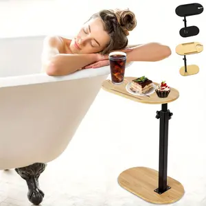 Bamboo Bathtub Tray Table Bath Side Table with Metal Base Adjustable Height, Portable Freestanding Caddy Tray Tub Shelf for Luxury Bath Home Spa Natural Table and Natural Base