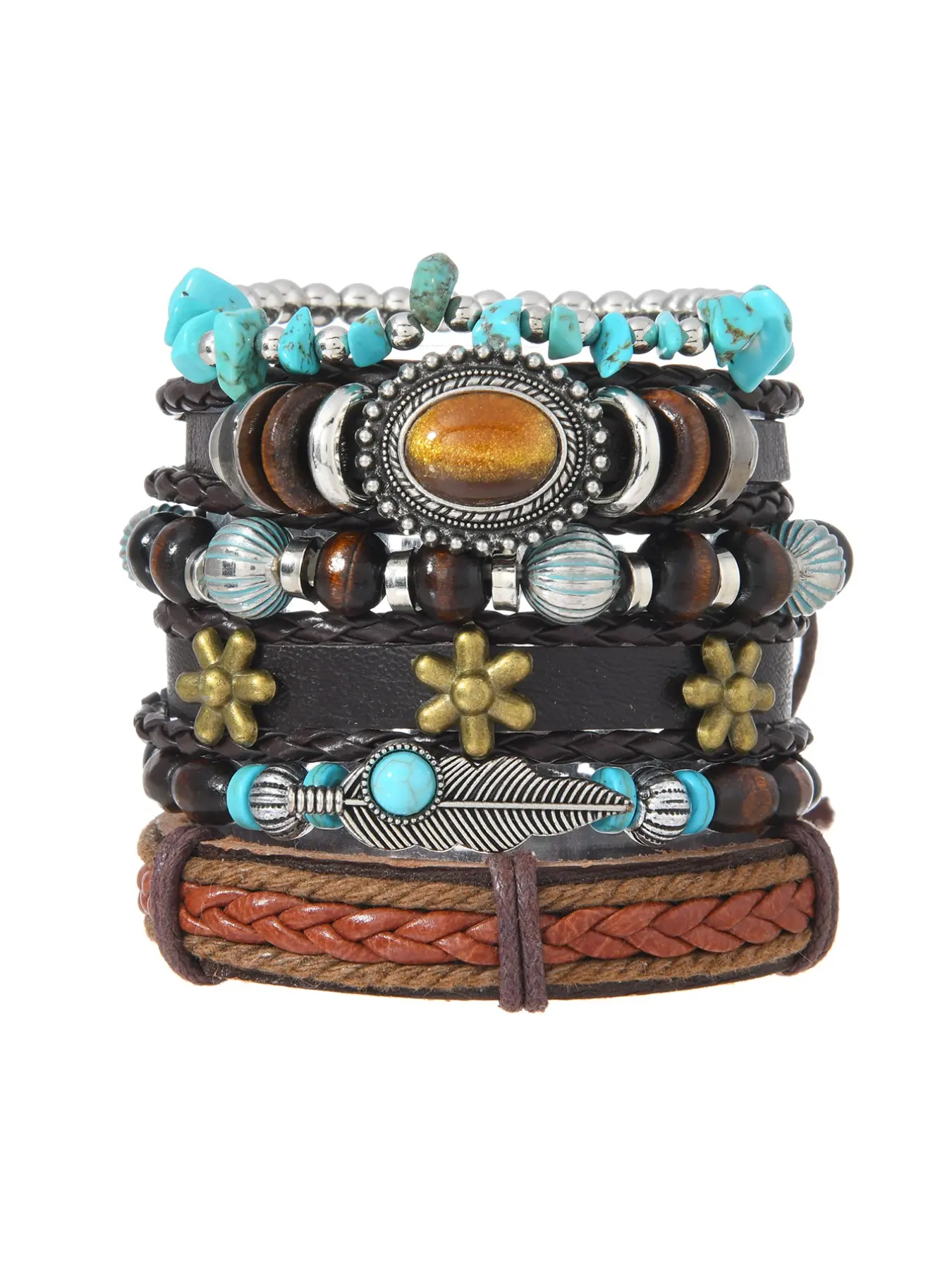 Handmade Braided Decor Bracelets Set for Men & Women, Vintage Fashion Bohemian Style Jewelry, Ethnic Pattern Unisex Accessory Pack of 6 Pieces