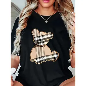 Women's Cartoon Bear & Plaid Graphic Cotton T-Shirt - Loose Fit Short Sleeve Round Neck, Breathable Summer Casual Top for Daily Wear & Parties, Machine Washable, Bear T Shirt, Relaxed Fit Tee, Comfortable Tee
