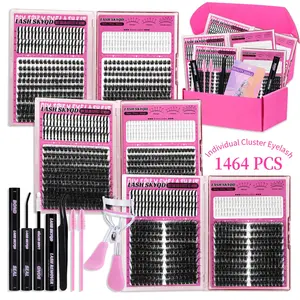 LASH SKYQD Mix Lashes Clusters Kit Gift Packs 1464Pcs With Bond&Seal Remover Tweezers Eyelash Curler Lash Brush,Bottom/Spike/Mega/Cat Lashes 3D Effect False Eyelash DIY Individual Clusters Lash Kit Perfect for Beginners & Proficient, Eyelash Extension Kit