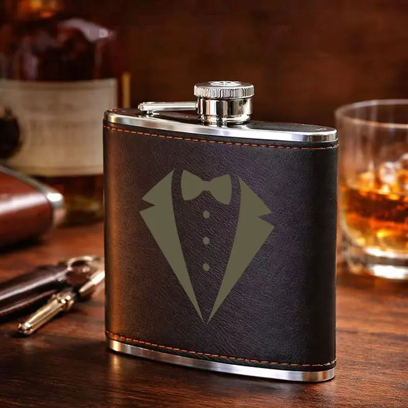 Tuxedo Bowtie Design Gentleman Leather Flask, Stainless Steel & Leather Portable Liquor Flask, Compact Reusable Drinking Flask, Suitable for Whiskey, Bourbon, Liquor, Travel-Friendly Pocket Flask, Perfect Gift for Wedding Guests/Men