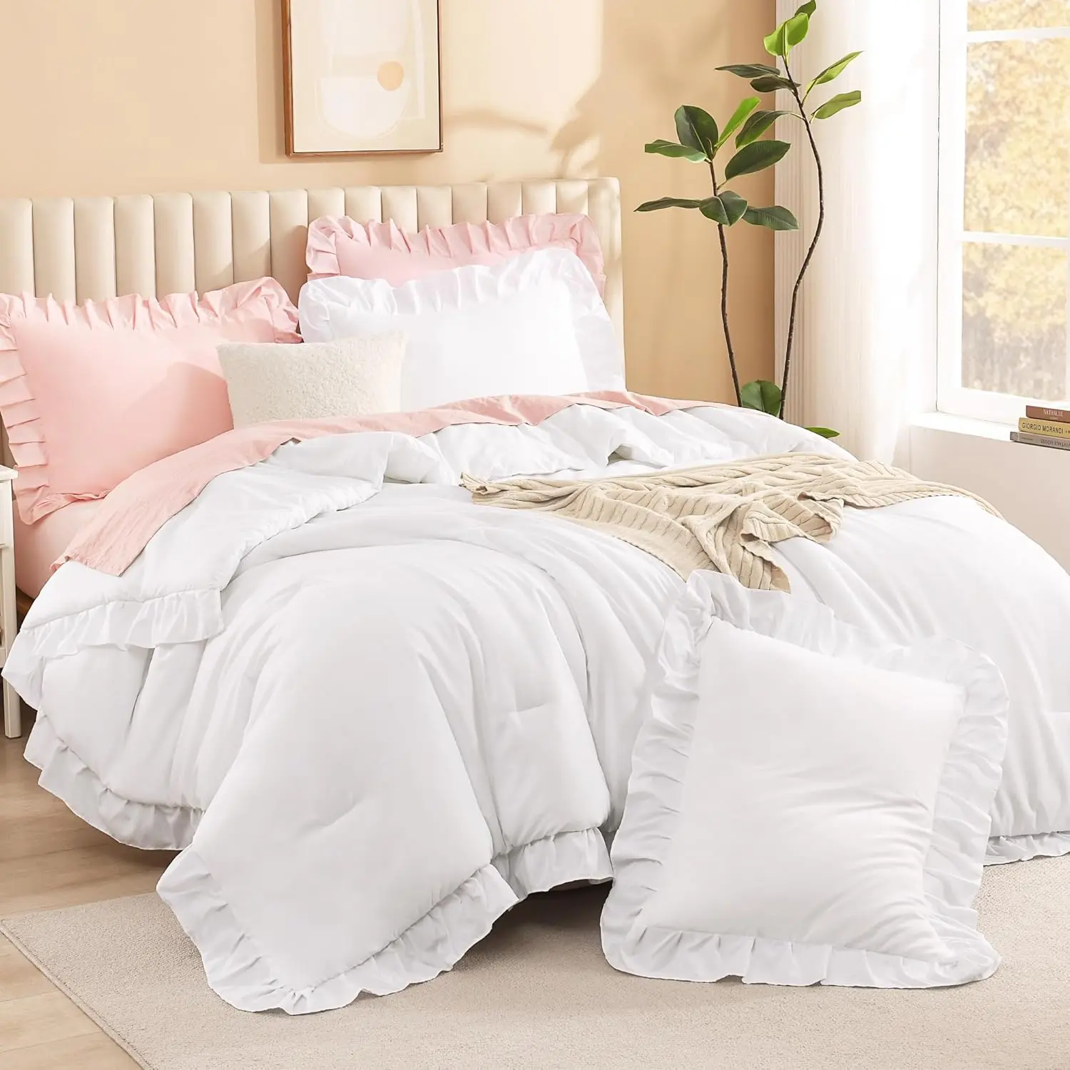 Litanika 3pc Ruffled Comforter Set - Full/King Soft Fluffy Wrinkle Resistant Microfiber Bed Set, Farmhouse French Country Shabby Chic Bedding, Bedroom Decor, Housewarming Gift Option, Comforter Set King