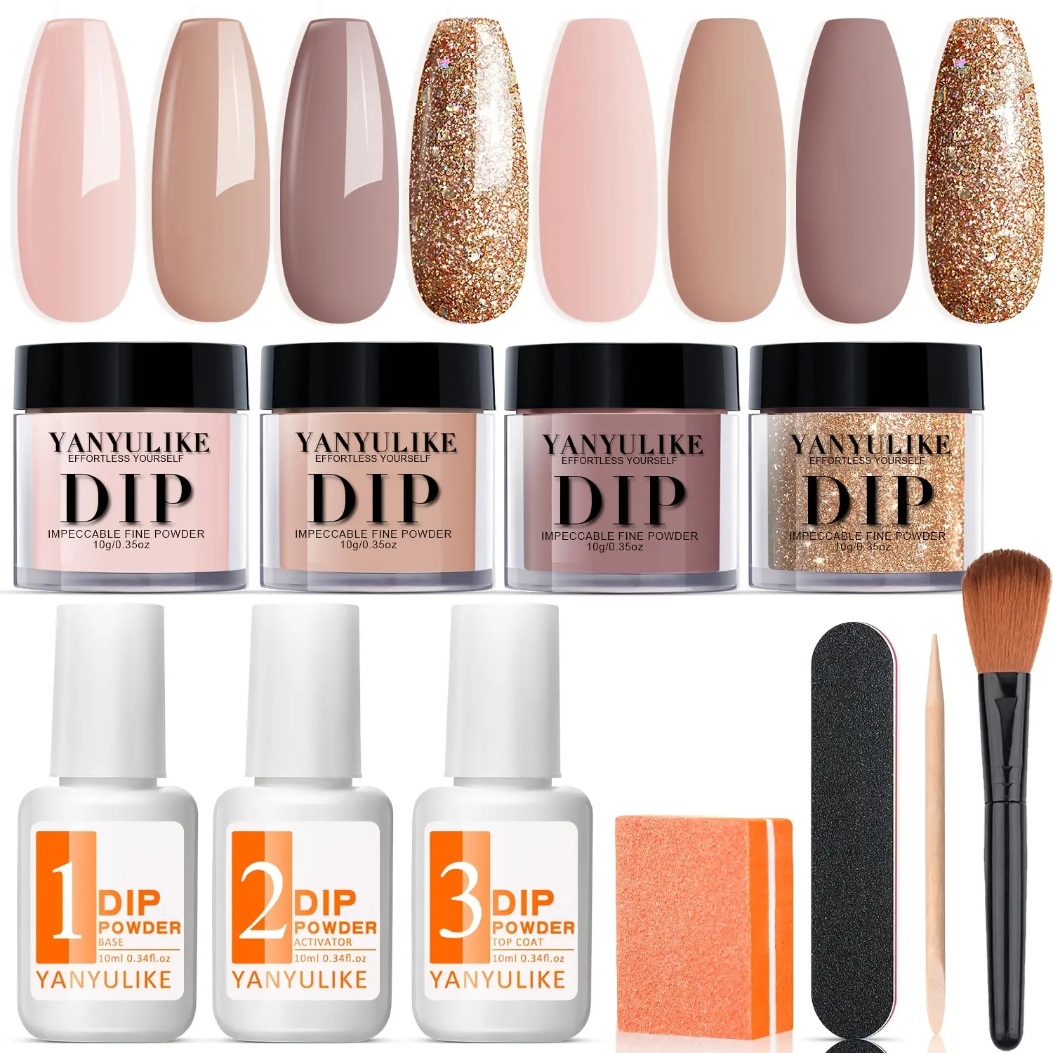11pcs Dip Powder Nails Kit Starter 4 Colors Nude Skin Tones Golden Glitter Neutral Acrylic Dipping Powder Liquid Set with Base Coat&Top Coat Activator French Nail Art Manicure Gift for Mom