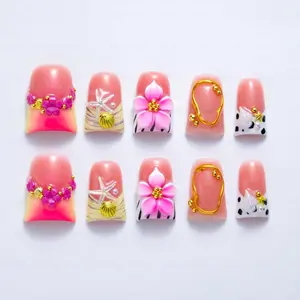 Handmade Short Duck Press On Nails, Pink Ocean Theme Beach Shell Starfish 3D Flower Acrylic False Nails, 10 Pcs, Size Large, Size Small