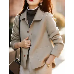 Women's solid color button front pocket pea jacket, elegant spring and autumn long sleeved collar jacket, women's daily clothingRAIMENTRY