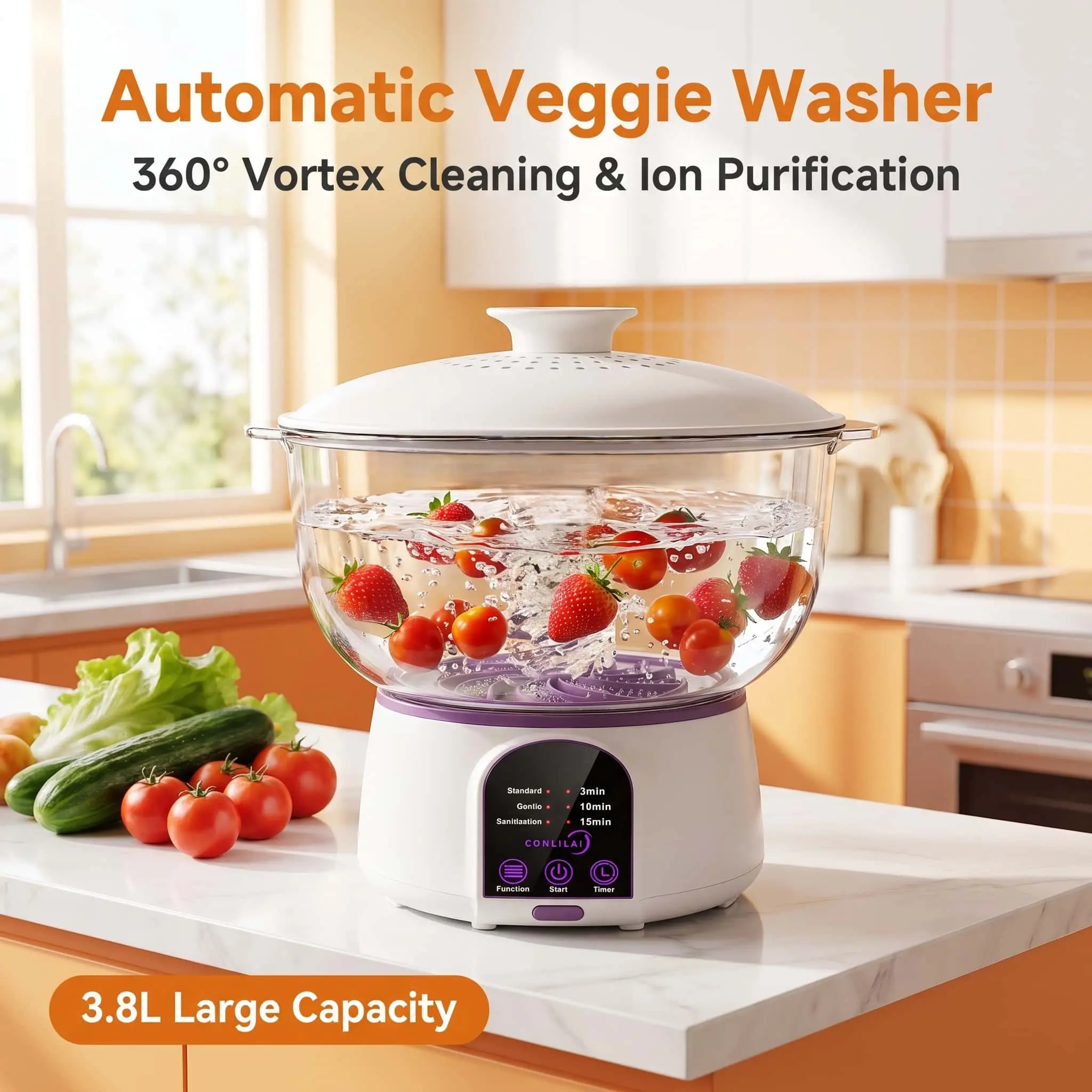 Conlilai 3.8L Large Capacity Fruit & Vegetable Cleaner, Cordless Food Purifier Removes Pesticide Residues for Fruits, Vegetables, Meat, Seafood, and Rice party gift