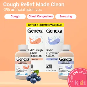 Genexa Kids' Clean Day & Night Cough Medicine | Dye Free, 0% Artificial Additives | Children's Cough, Chest Congestion, Runny Nose & Sneezing Relief | Ages 6+ | Organic Blueberry Flavor | 8 fl oz (2 Pack)