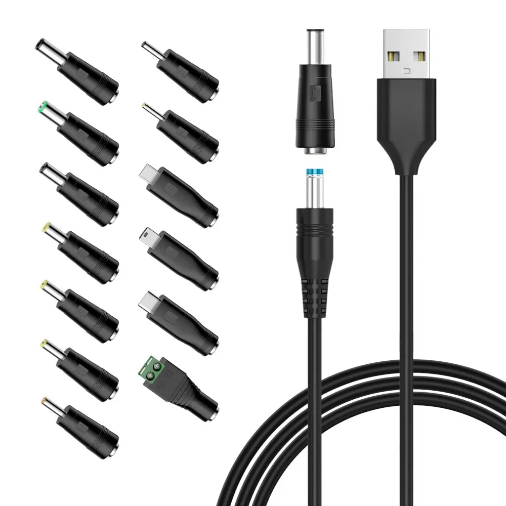 5V Universal DC Electronic Charger Cable - USB to DC Charging Cord with 13 Adapter Plugs for Camera, Router, Recorder, Bluetooth Speaker