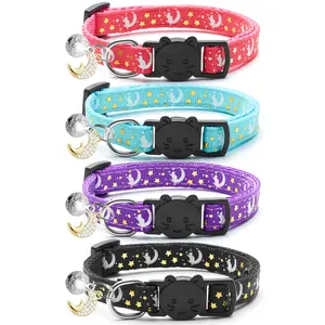 4 PCS Breakaway Cat Collars with Bell Moons Stars Kitten Collar Adjustable Glow Pendant Cute Kitty Collar for Girl Boy Cats Pet Gifts Accessories