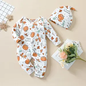 Baby’s Casual Jumpsuit with Hat Cute Thanksgiving Turkey Print Long Sleeve  Long Pants