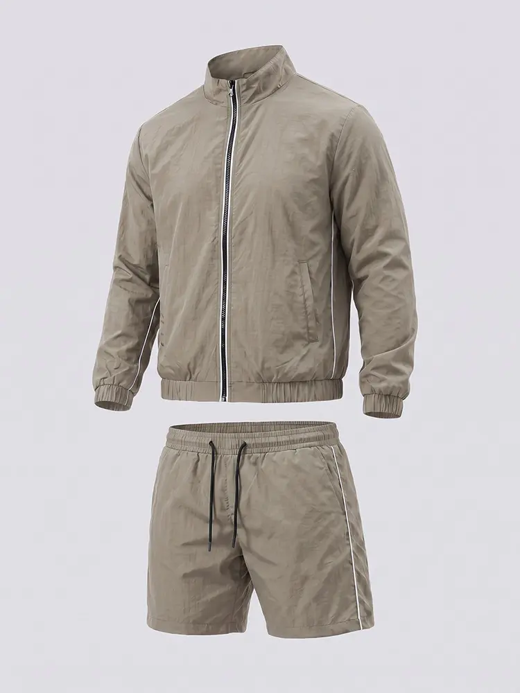 Men’s casual sports set featuring quick-dry fabric and a loose, stylish mountaineering jacket; regular fit for everyday commuting, outdoor activities, hiking, running, travel, fishing, and cycling; two-piece outfit.