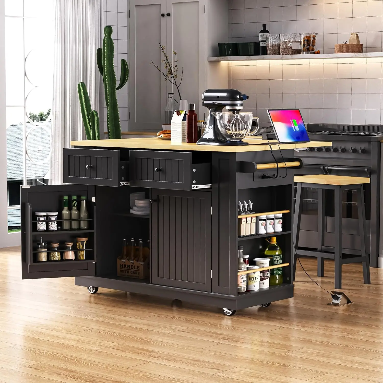 Kitchen Island with Drop Leaf, Rolling Kitchen Island Cart with Storage Cabinet, Drawers, Charging Station, Spice & Towel Racks, Solid Wood Island Table for Kitchen, Dining Room,Black