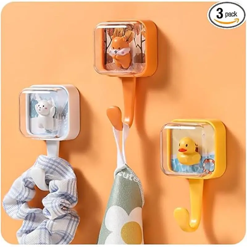 Cute Adhesive Hooks, Animal Bounce, Spring Shaking Duck, Polar Bear, Squirrel, No Nails, Waterproof Organiser, 3 Pack, Creative Individual Hooks