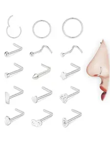 15Pcs 20G 316L Surgical Steel Nose Rings Hoop for Women Men,Hypoallergenic L Shape Nose Studs Corkscrew Studs Pack Multi-Use Helix Cartilage Earrings Piercing