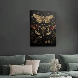 1 Piece Framed Gothic Plant Butterfly Moth Poster, Dark Academy Style Wall Art, Bohemian Floral Canvas Print