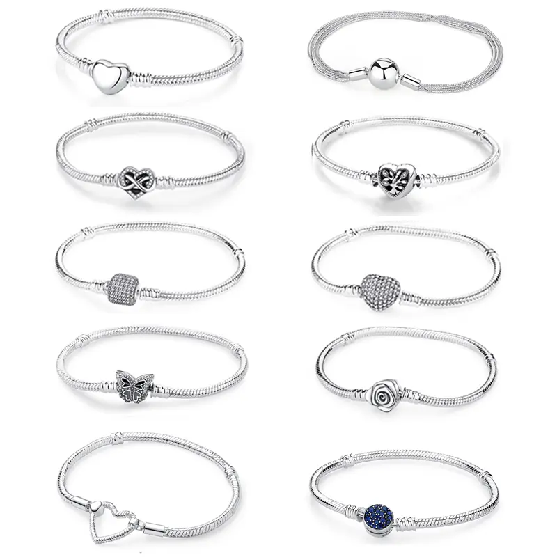Original 925 Sterling Silver Bracelets Love Heart Moon Flower Butterfly Pave CZ Bracelets For Women DIY Jewelry Party Gift