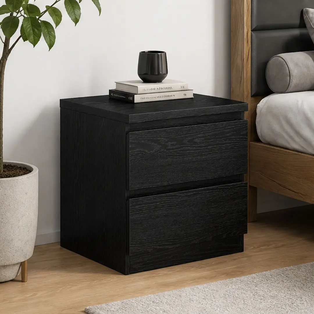 ARCH 19.7-Inch Black Nightstand with 2 Drawers Handle-Free Design Bedside Table Storage Cabinet for Bedroom Living Room Bathroom Modern Small Side Table End Table Particle Board, Black Color Options, Particle Board Material, Modern Style
