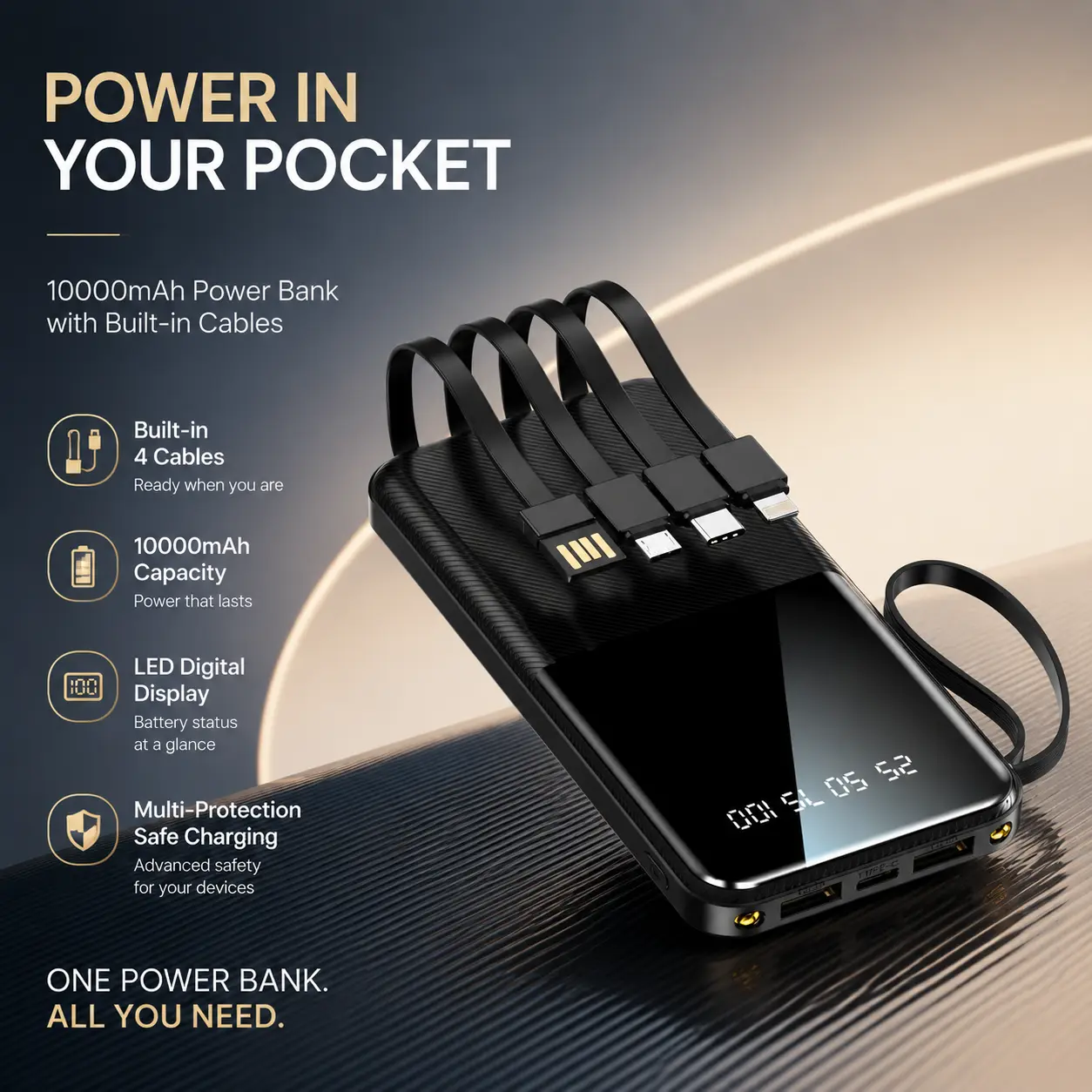 20W 10000mAh Portable Power Bank with Built-in Type-C, Lightning, Micro USB Cables, Lanyard, Fast Charging, Smart Digital Display, LED Flashlight - For Smartphones, Tablets, Travel, Dormitories Battery Pack Charger Chargeable