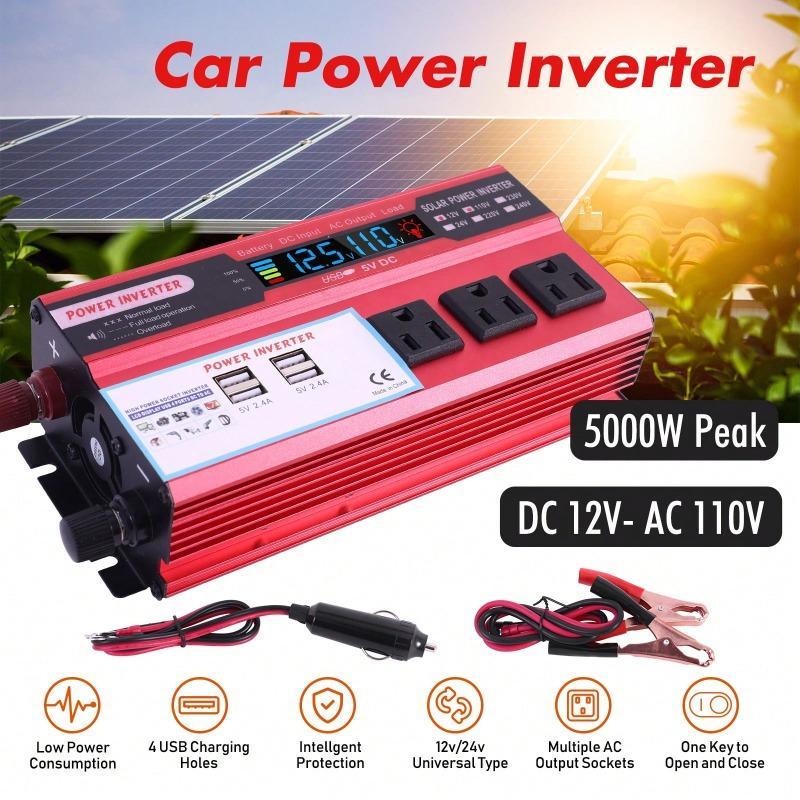 5000W Portable Car Power Inverter, 12V DC to 110V AC Converter with Cooling System, Ideal for Truck RV Camping & Commute