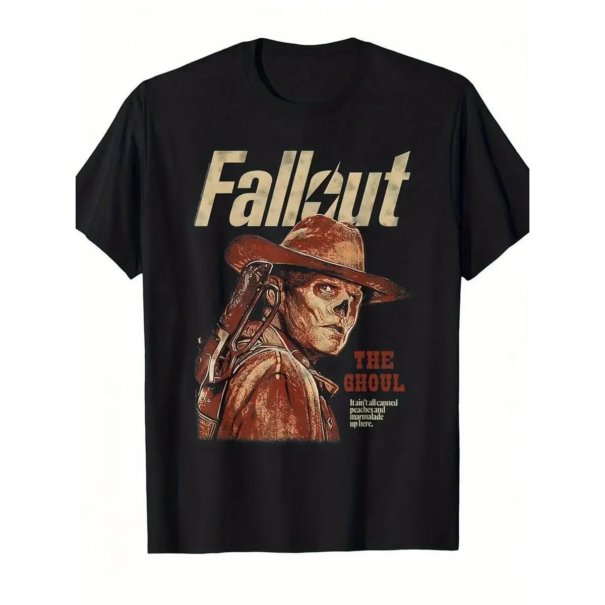 Men's Cotton Casual Short-Sleeve Round-Neck Top - Fallout Inspired Black Print T-Shirt, Vintage 'The Ghoul' Skull Face Cowboy Hat Design, Post-Apocalyptic Gaming Unisex Streetwear for Enthusiasts, Tops