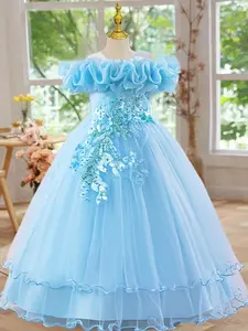 Off Shoulder Sequin Tulle Party Princess Dress, Elegant Floral Embroidery Sweater Dress for Evening Party, Kids Clothes for Summer, Embroidered Tulle Dress, Floral Pattern Dress