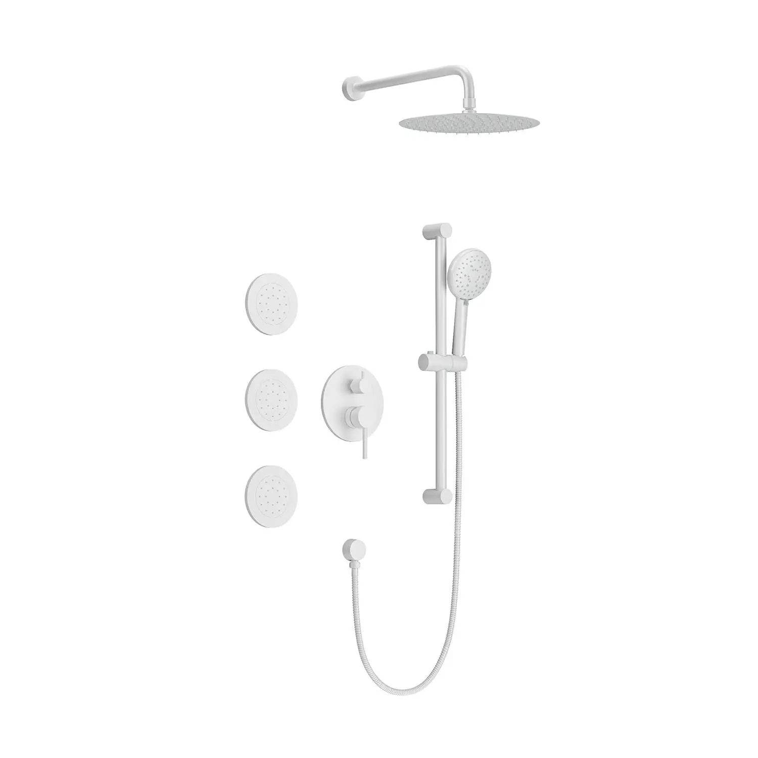 4PC3 Exbrite Shower System with Shower Head, Hand Shower, Slide Bar, Bodysprays, Shower Arm, Hose, Valve Trim, and Lever Handles,white