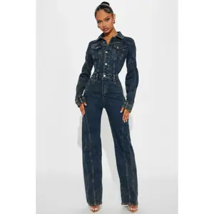 summer spring clothes Women Cargo Denim Washed Long Sleeve Wide Leg Jumpsuits 2025 Elastic Oufits Streetwear Club One Piece Jeans Rompers