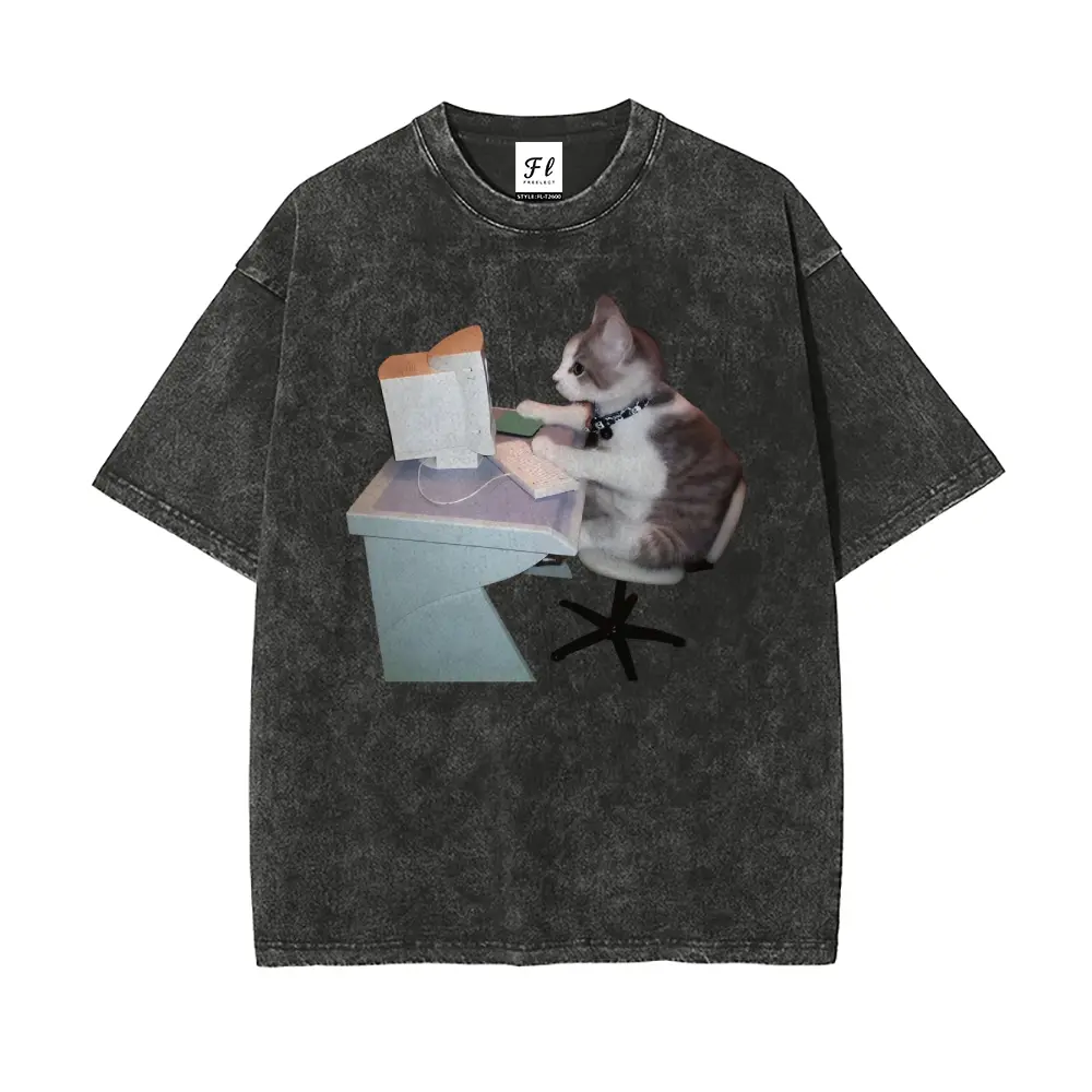 Unisex Short Sleeve T-shirt, Vintage Computer Engineer Cat Graphic, Washed 100% Cotton Top, Oversize Streetwear Fit, Tshirt, Shortsleeve, Retro, Fashion, Fabric, Washed Look, Micro Elastic, Fashion Apparel
