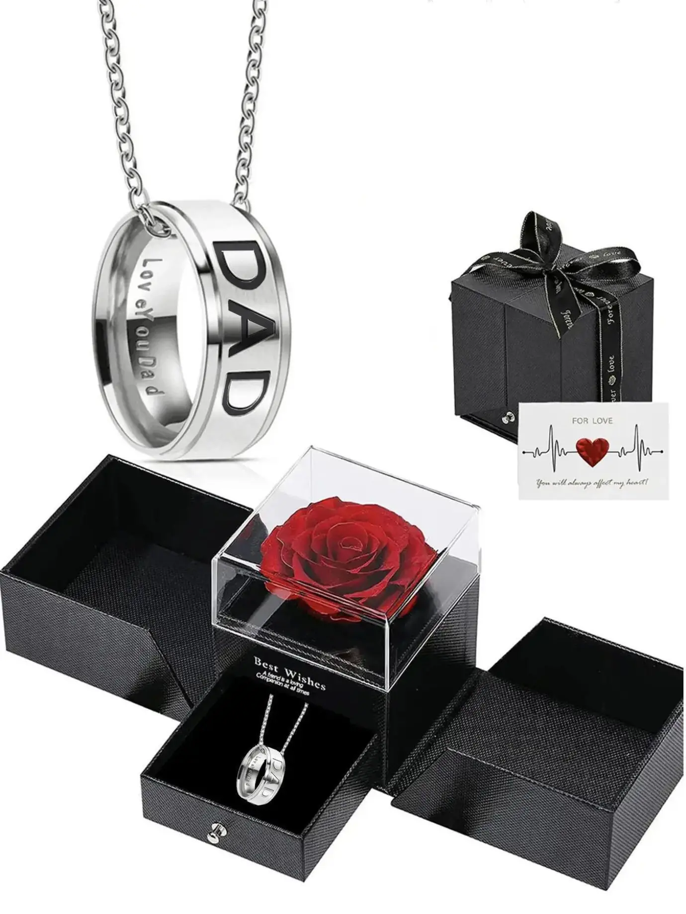 Father's Day Gift: Customizable Hero Dad Ring Necklace, Personalized Jewelry, Engraved Necklace, Four Colors Available, Rose Box Included, Perfect for Birthdays and Anniversaries