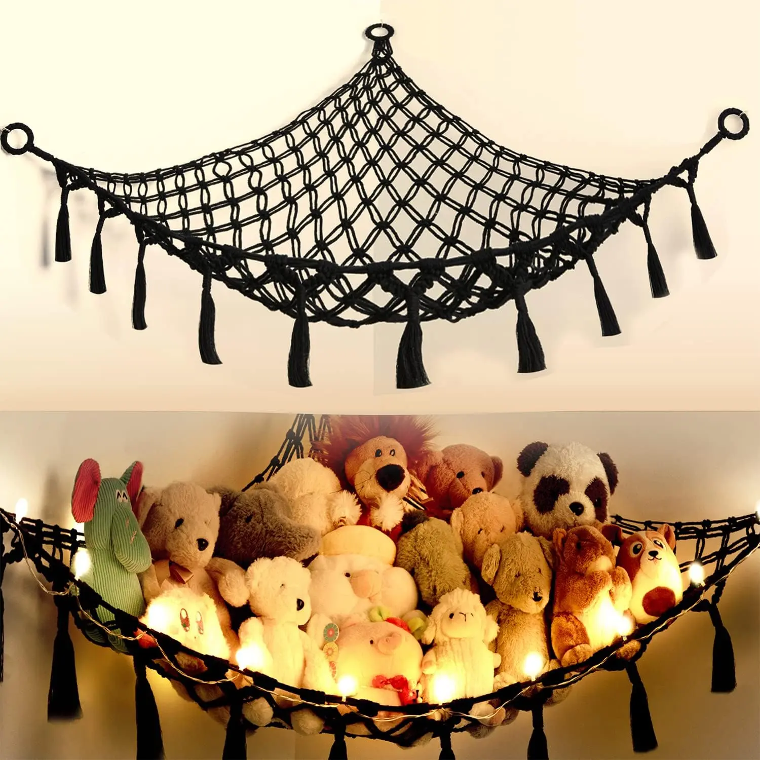 Cotton Stuffed  Organizer, Handmade Macrame Hanging Net Hammock for  Storage, Boho Decor Room Holder, Triangular, Black, Large, 57x42 inches, 10 lbs Capacity