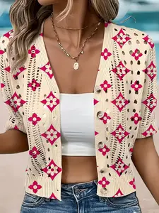 Elegant Aesthetic Women's Colorblock Geometric Print Short Sleeve Lightweight Knitwear Cardigan with Button, Casual Everyday Breathable Top, Hollow Out Design, Beach Vacation Wear
