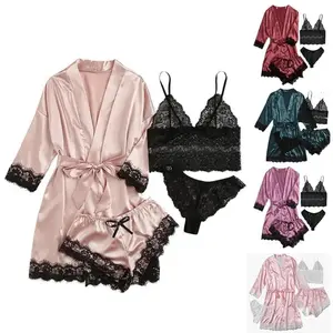 Women’s 4-Piece Pajama & Lounge Set - Floral Lace Cami, Robe, Shorts Sleepwear for Loungewear & Nighttime Use (Including Pajama, PJ, Sleepwear & Lounge Set Essentials), Pajama Set, Lounge Set For Women