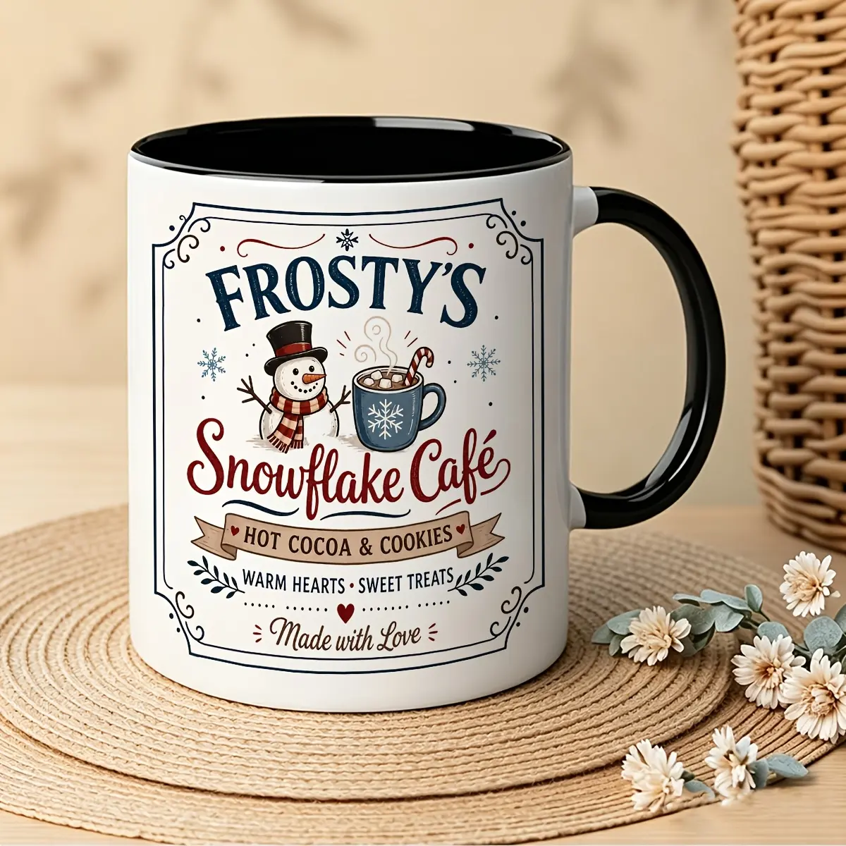 Cute Frosty Snowman Ceramic Mug with Hot Cocoa & Cookies Design - 11oz/15oz Retro Vintage Coffee Tea Cup Suitable for Christmas Gifts, New Year, for, for Family Gatherings, for Cocoa, Milk, Tea, Hot Beverages