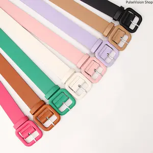 PulseVision Shop Women's Adjustable Faux Leather Waist Belt - 3.2cm Wide, 103cm Long, Stretchy Skinny, Square Buckle, Candy Color, Soft PU Strap - Casual Trendy for Casual & Dressy Looks (adjustable belts)