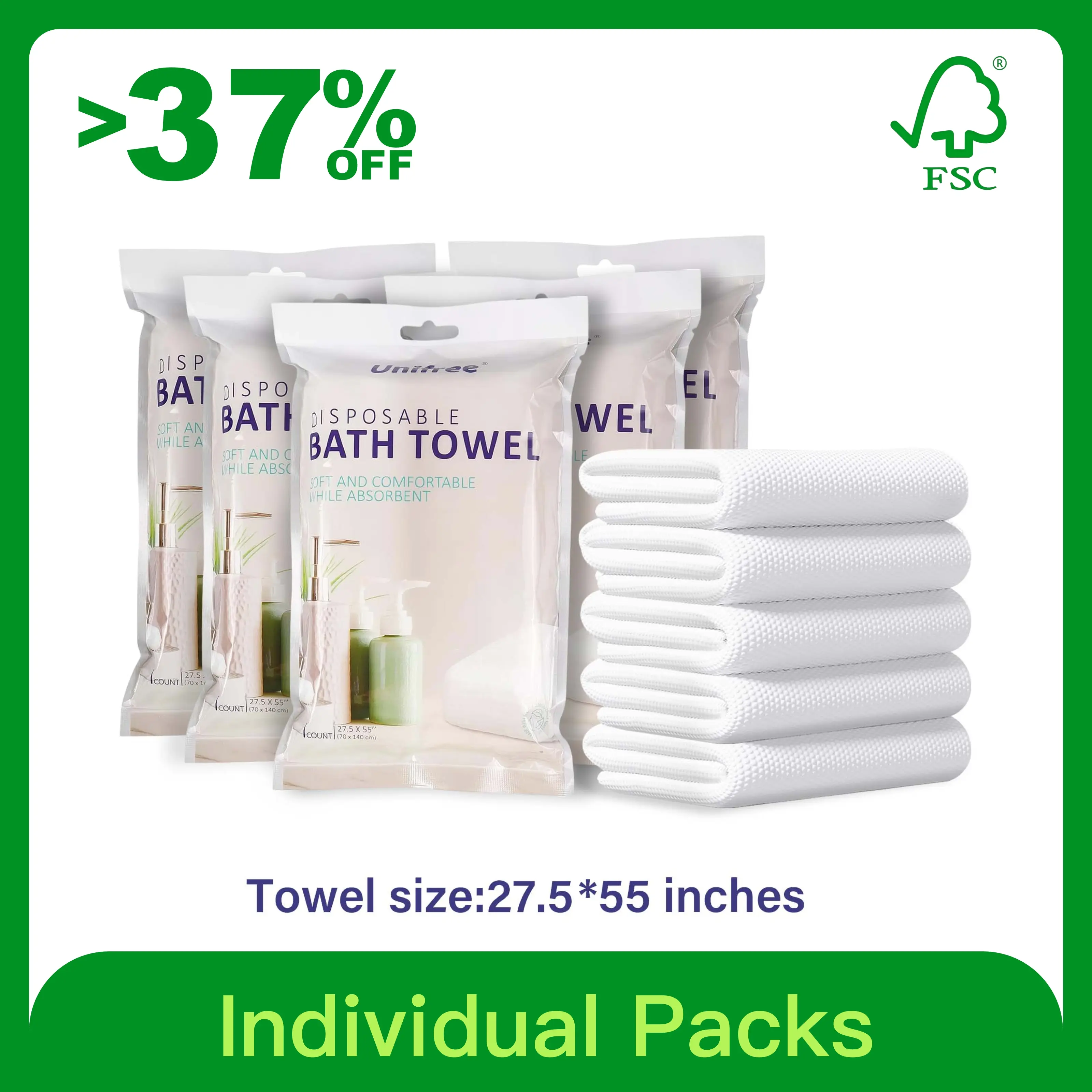 Unifree Disposable Bath Towels - Biodegradable Viscose, 5-20 Count, Individually Wrapped, Large Size, 27.5 x 55 Inches, Eco-Friendly, Tear Resistant sheet gym soft towel single-use towelette business trip super absorbent