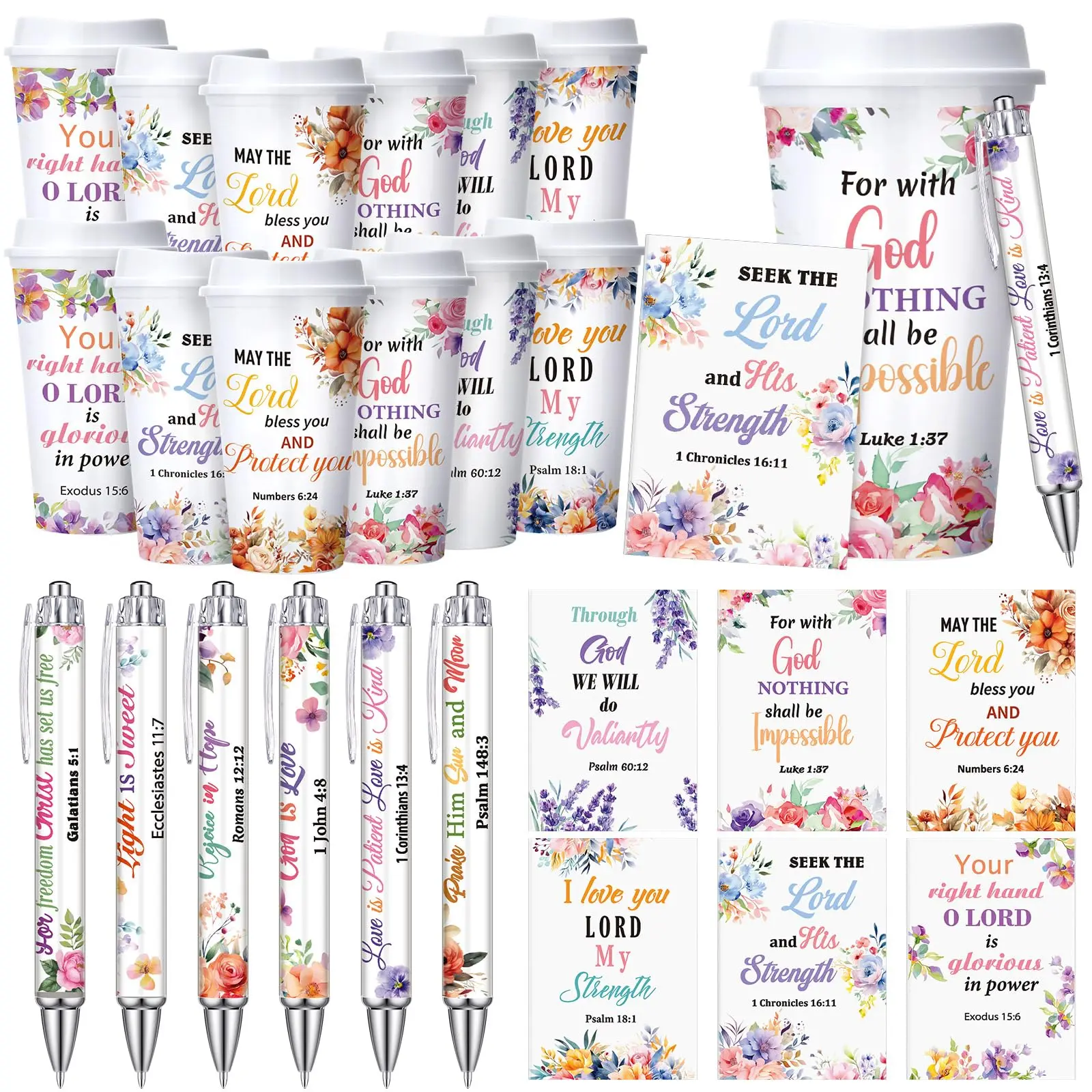 Christian Gifts 36 pcs Church Party Favor Set with 12 pcs Plastic Tumblers with 12 pcs Notebooks 12 pcs Pens Bulk Religious Gift with Floral Bible Verse for Family Prayer Party Birthday Party Supplies, Christian Bulk Gifts for Women