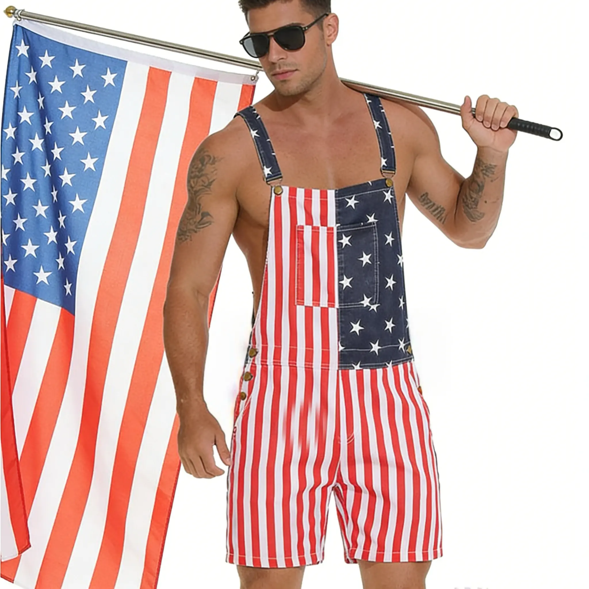 【Deals For You Days】4th of July Comfortable Stretch American Flag Overalls for Men and Women Memorial Day Coveralls USA Patriotic Gifts for Couples (Recommend choosing one sizes up from your usual), Father's Day Romper Summer Menswear Womenswear
