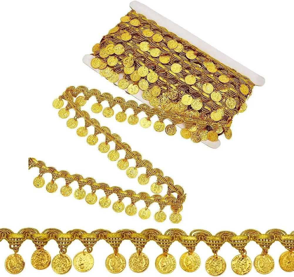 10 Yards Yellow Coin Shape Sequin Tassel Trim Sequin Lace Tassel Fringe Trim 1.6 Inch Width Sequins Tassels Lace Ribbon Fringe Dance Dress Belt Chain for Clothes Decoration Party Accessories