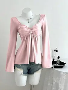 French Heart Neck Flare Sleeve Top for Women, Long Sleeve, Fitted, Spring & Fall Knot Slimming A-Line Knit Sweater, Versatile Casual Fashion, Knitwear Womenswear
